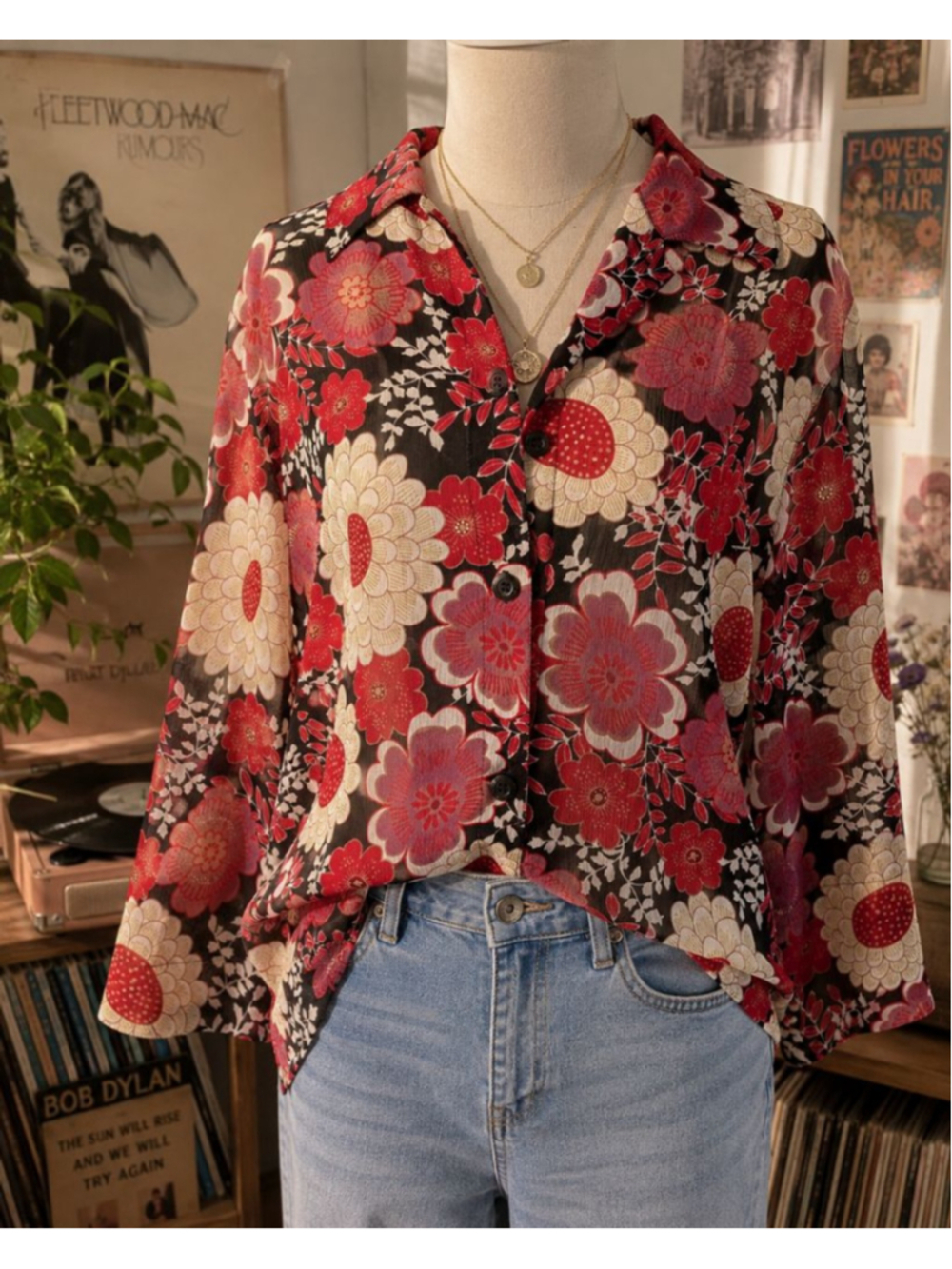 Vintage Style Sheer Floral Button Front Blouse Retro Mod Boho Art Teacher Top L